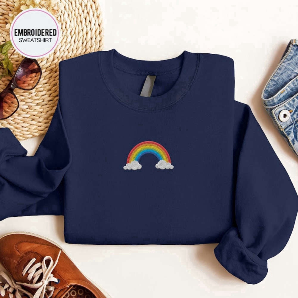 Eembroidered Custom Sweatshirts, Rainbow Embroidered Sweatshirt 2D Crewneck Sweatshirt Gift For Family, Christmas Gift
