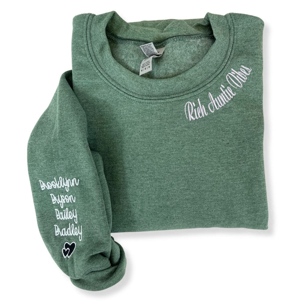 Eembroidered Custom Sweatshirts, Rich Auntie Vibes Sweatshirt With Children Names On Sleeve, Christmas Gift