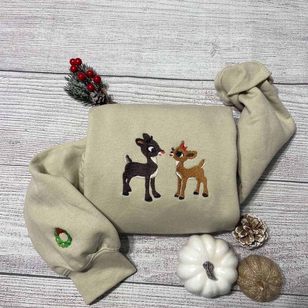 Eembroidered Custom Sweatshirts, Rudolph And Clarice Embroidered Sweatshirt 2D Crewneck Sweatshirt Gift For Family, Christmas Gift