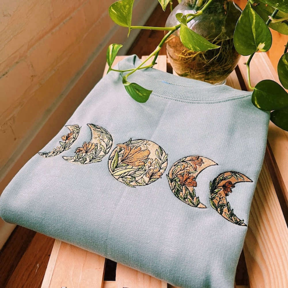 Eembroidered Custom Sweatshirts, Sage Floral Moon Phase Embroidered Sweatshirt 2D Crewneck Sweatshirt For Family, Christmas Gift