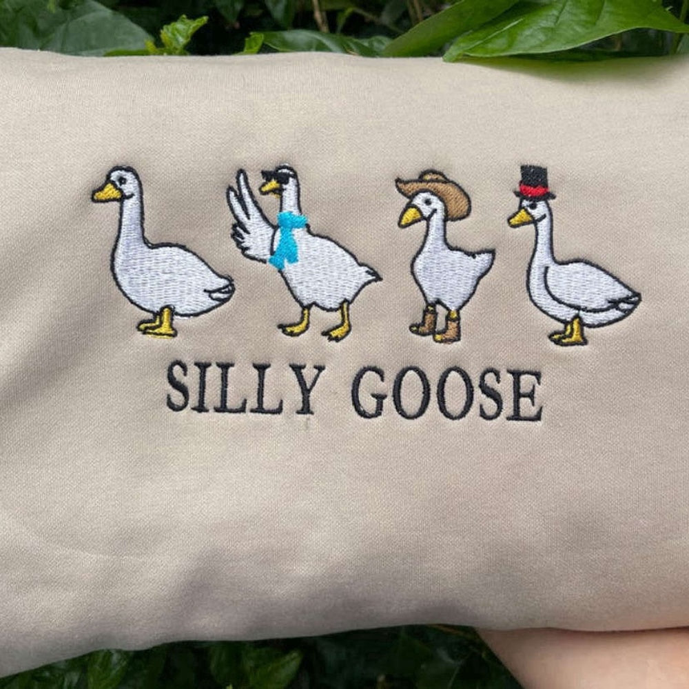 Eembroidered Custom Sweatshirts, Silly Goose Embroidered Sweatshirt 2D Crewneck Sweatshirt For Family, Christmas Gift
