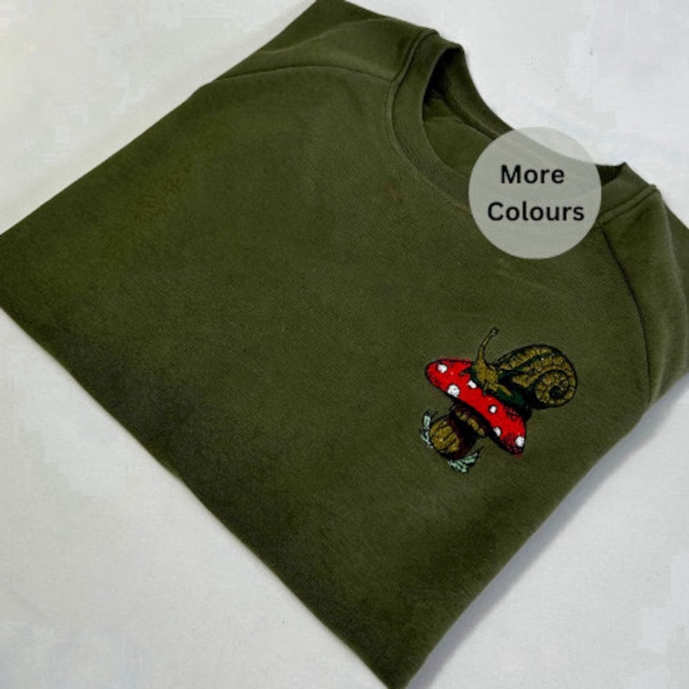 Eembroidered Custom Sweatshirts, Snail & Mushroom Embroidered Sweatshirt 2D Crewneck Sweatshirt For Family, Christmas Gift