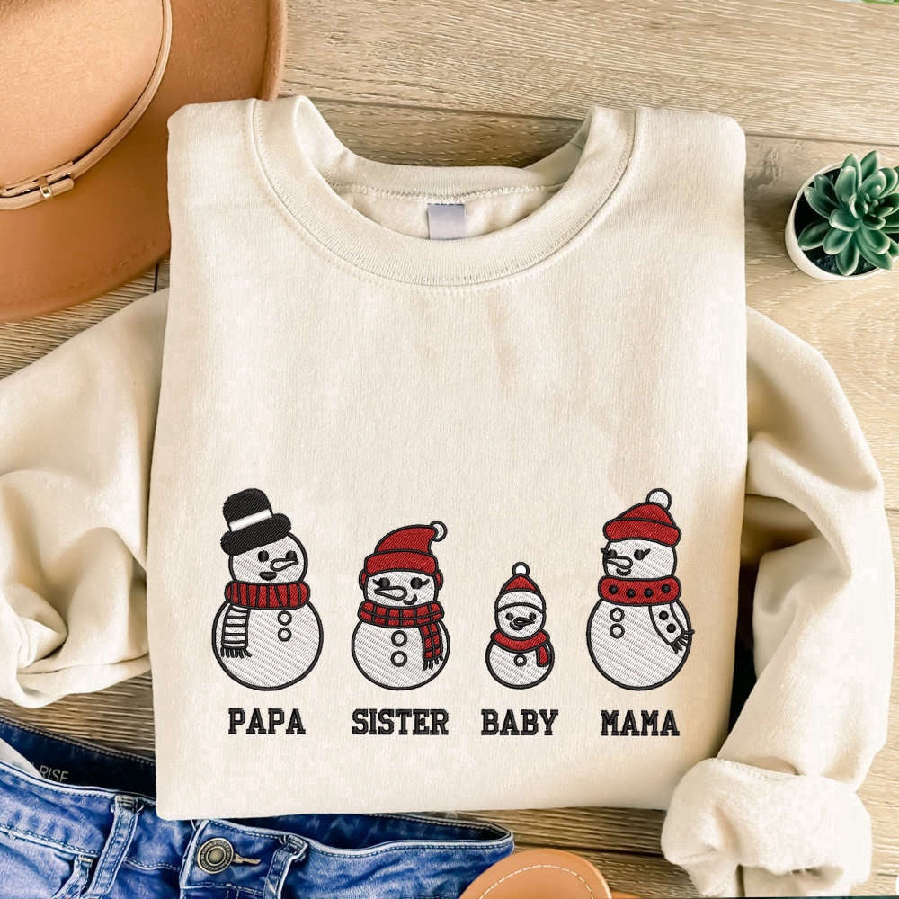 Eembroidered Custom Sweatshirts, Snowman Christmas Embroidered Sweatshirt, Embroidered Sweatshirt For Family, Christmas Gift