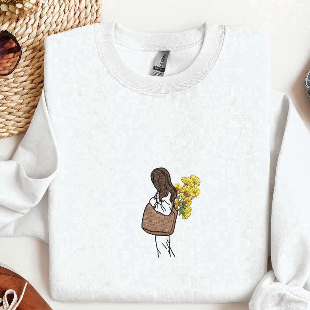 Eembroidered Custom Sweatshirts, Sunflower Girl Embroidered Sweatshirt, Sunflower Embroidery Sweatshirt Gift For Women, Christmas Gift