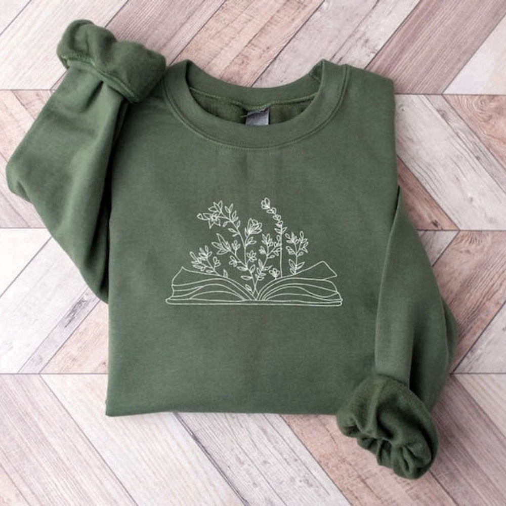 Eembroidered Custom Sweatshirts, Wildflower Book Embroidered Sweatshirt 2D Crewneck Sweatshirt For Family, Christmas Gift