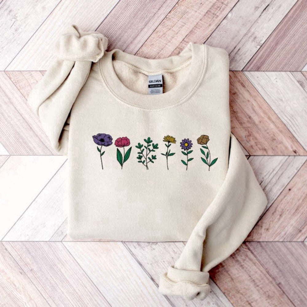 Eembroidered Custom Sweatshirts, Wildflower Embroidered Sweatshirt 2D Crewneck Sweatshirt For Men And Women, Christmas Gift