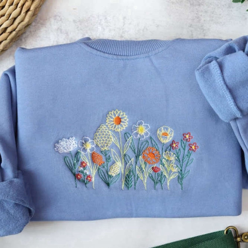 Eembroidered Custom Sweatshirts, Wildflowers Embroidered Sweatshirt 2D Crewneck Sweatshirt Gift For Family, Christmas Gift