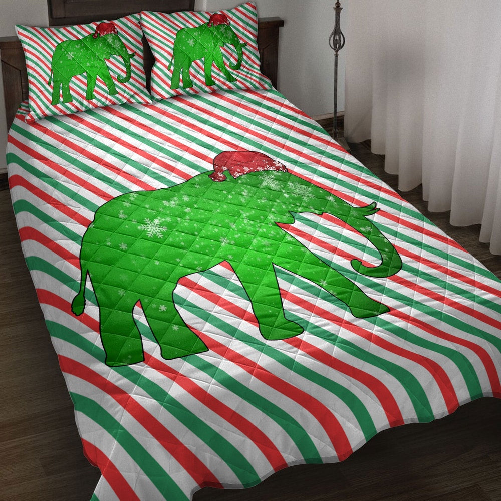 Elephant Quilt Set, Elephantmas Hat Cane Candy Stripes Shiny Green Winter Holiday Quilt Blanket