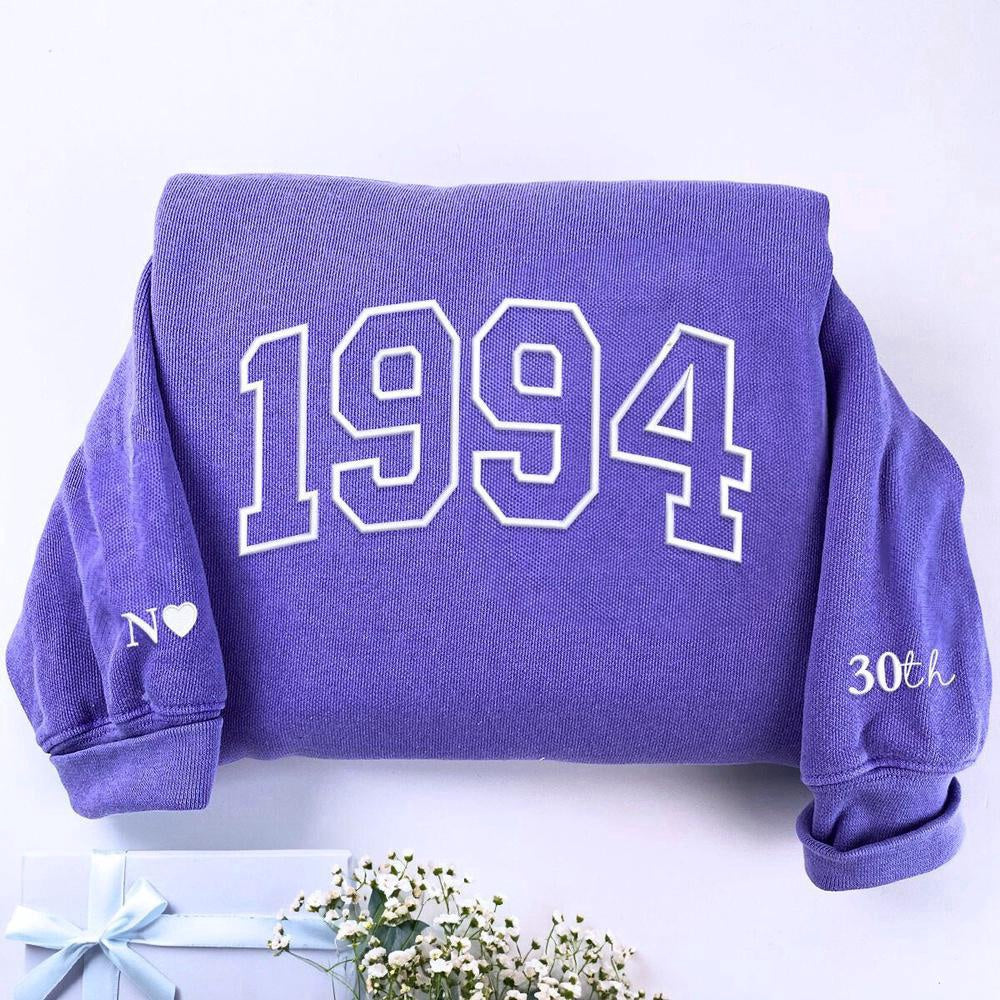 Embroidered Christmas Sweatshirts, Custom Embroidered Birth Year Varsity Sweatshirt