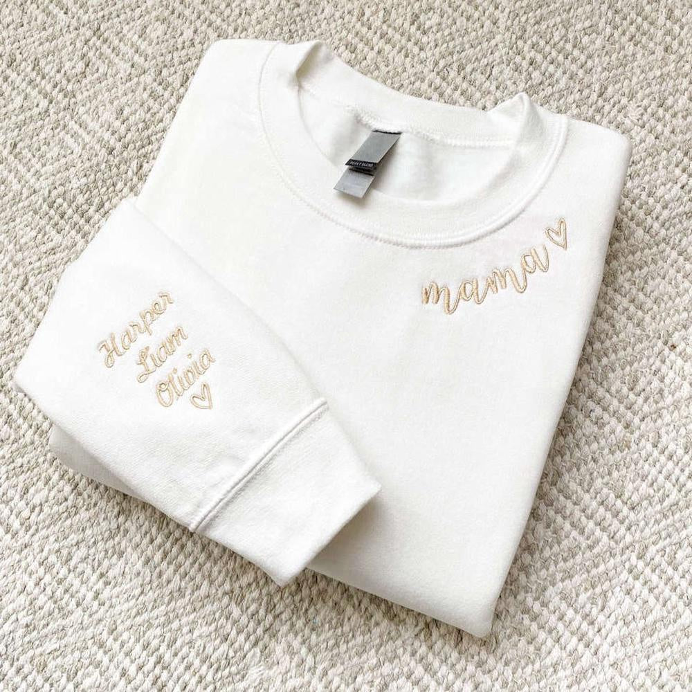 Embroidered Christmas Sweatshirts, Custom Embroidered Mama Crewneck With Kids Names Sweatshirt Pregnancy Reveal For Mom