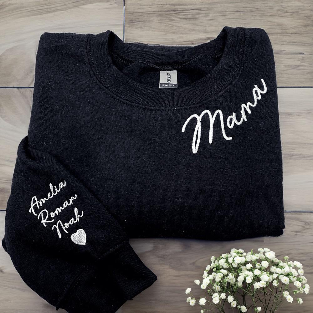 Embroidered Christmas Sweatshirts, Custom Embroidered Mama Sweatshirt With Kid Names On Sleeve, Personalized Gift For Mom