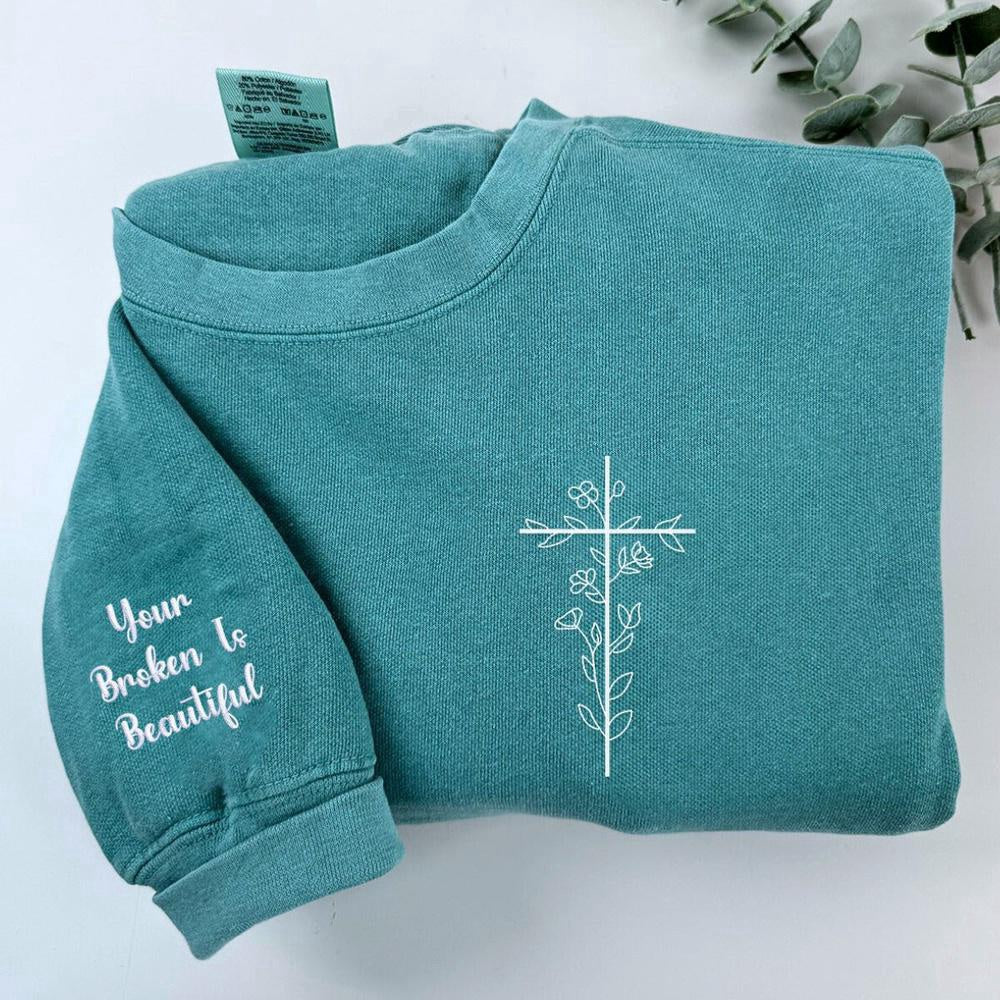 Embroidered Christmas Sweatshirts, Embroidered Floral Cross Sweatshirt
