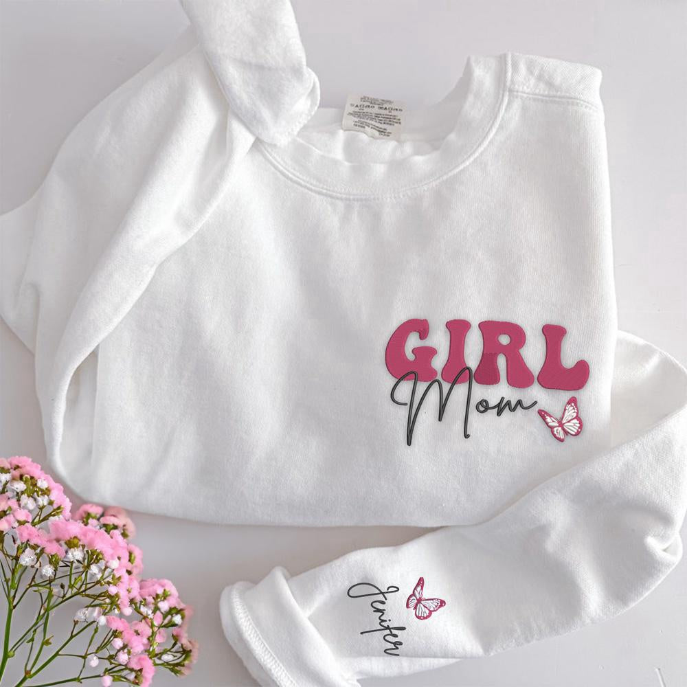 Embroidered Christmas Sweatshirts, Embroidered Girl Mom Sweatshirt With Kids Name
