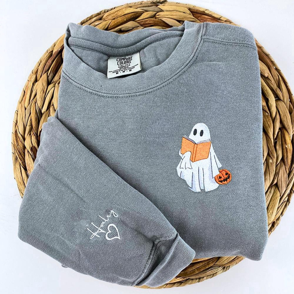 Embroidered Christmas Sweatshirts, Embroidered Halloween Ghost Book Lover 4 Sweatshirt