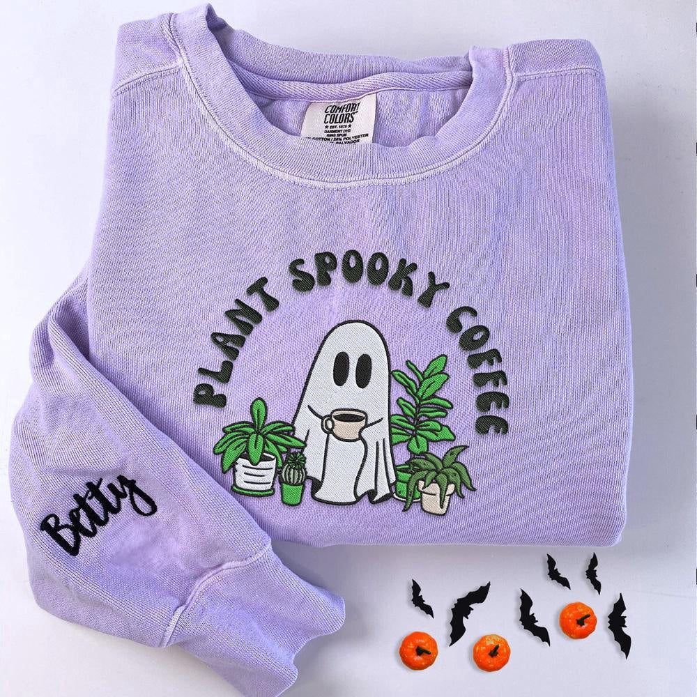 Embroidered Christmas Sweatshirts, Embroidered Halloween Ghost Plant Coffee Sweatshirt