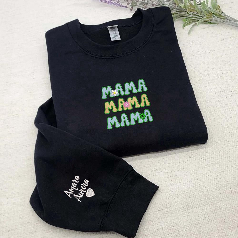 Embroidered Christmas Sweatshirts, Personalized Floral Mama Embroidery Sweatshirt, Customized Sweatshirt With Initial On Sleeve