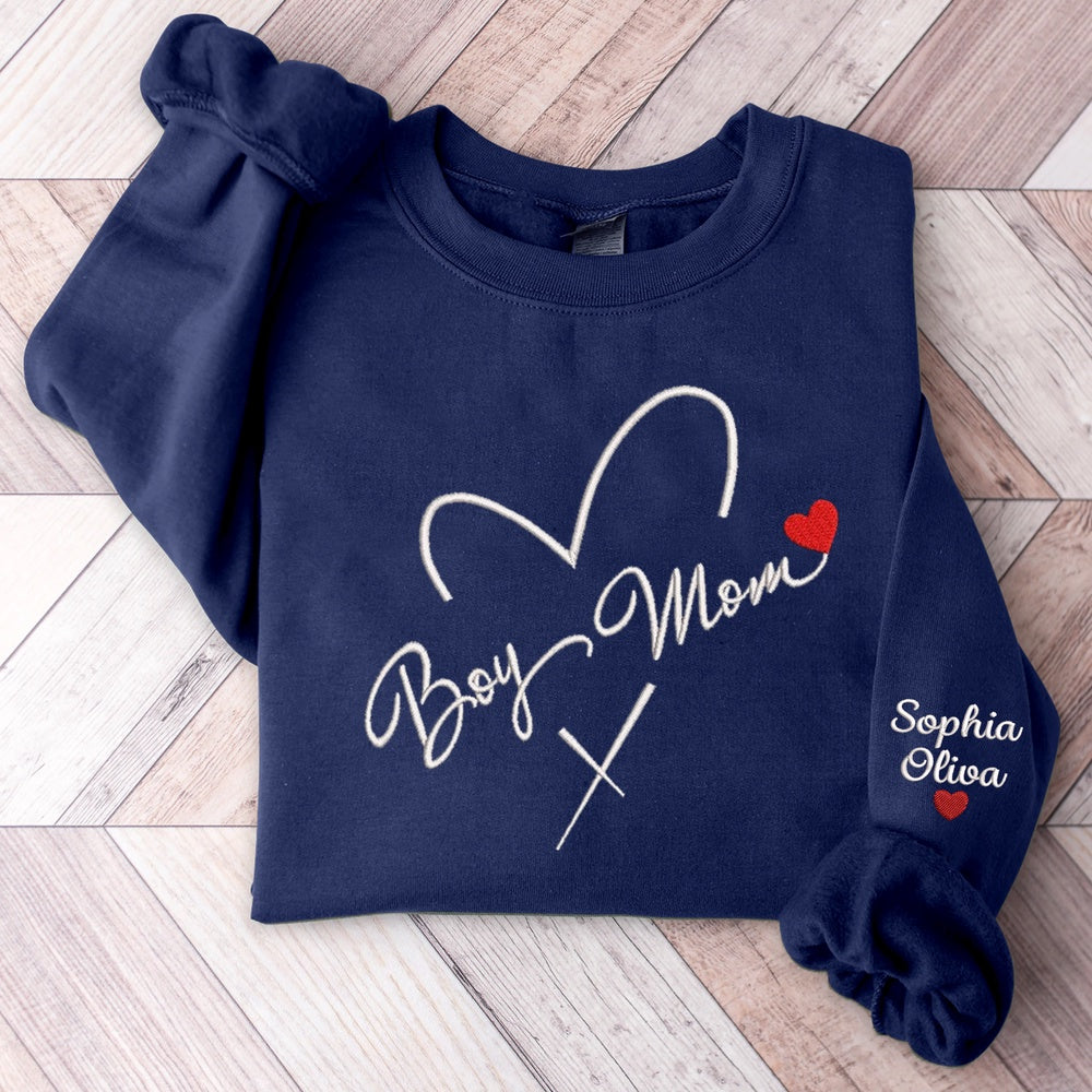 Embroidered Sweatshirt, Boy Mom Heart Embroidered, Custom Mom With Kids, Gift For Mom Sweatshirts