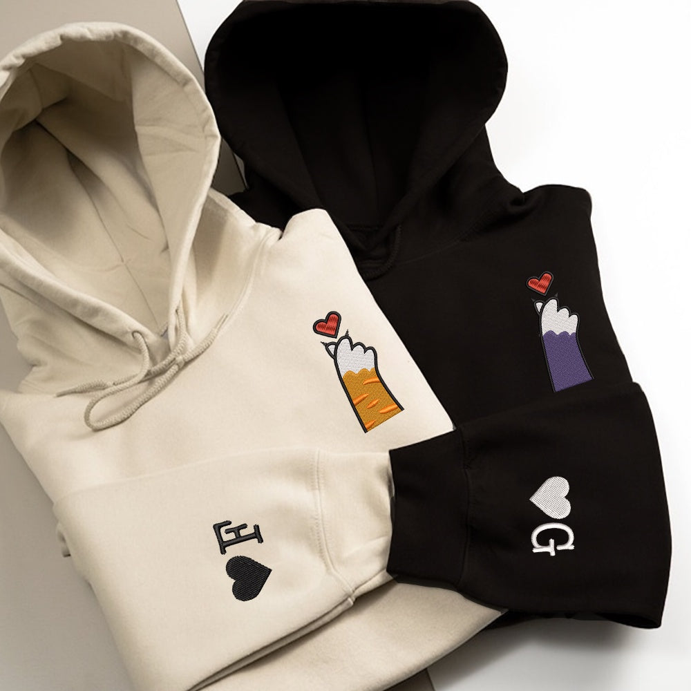 Embroidered Sweatshirt, Cat Paw Heart Custom Embroidered Matching Sweatshirts For Couples