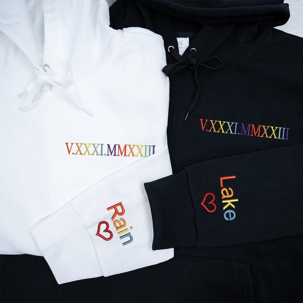 Embroidered Sweatshirt, Custom Embroidered Colorful Roman Numerals Sweatshirt For Couples