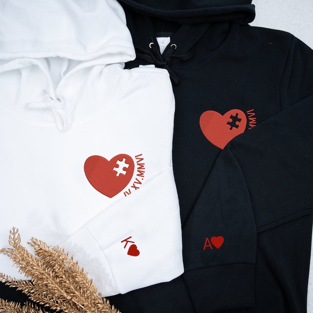 Embroidered Sweatshirt, Custom Embroidered Couple Sweatshirt With Date And Initial, Personalized Couple Sweatshirt Missing Piece