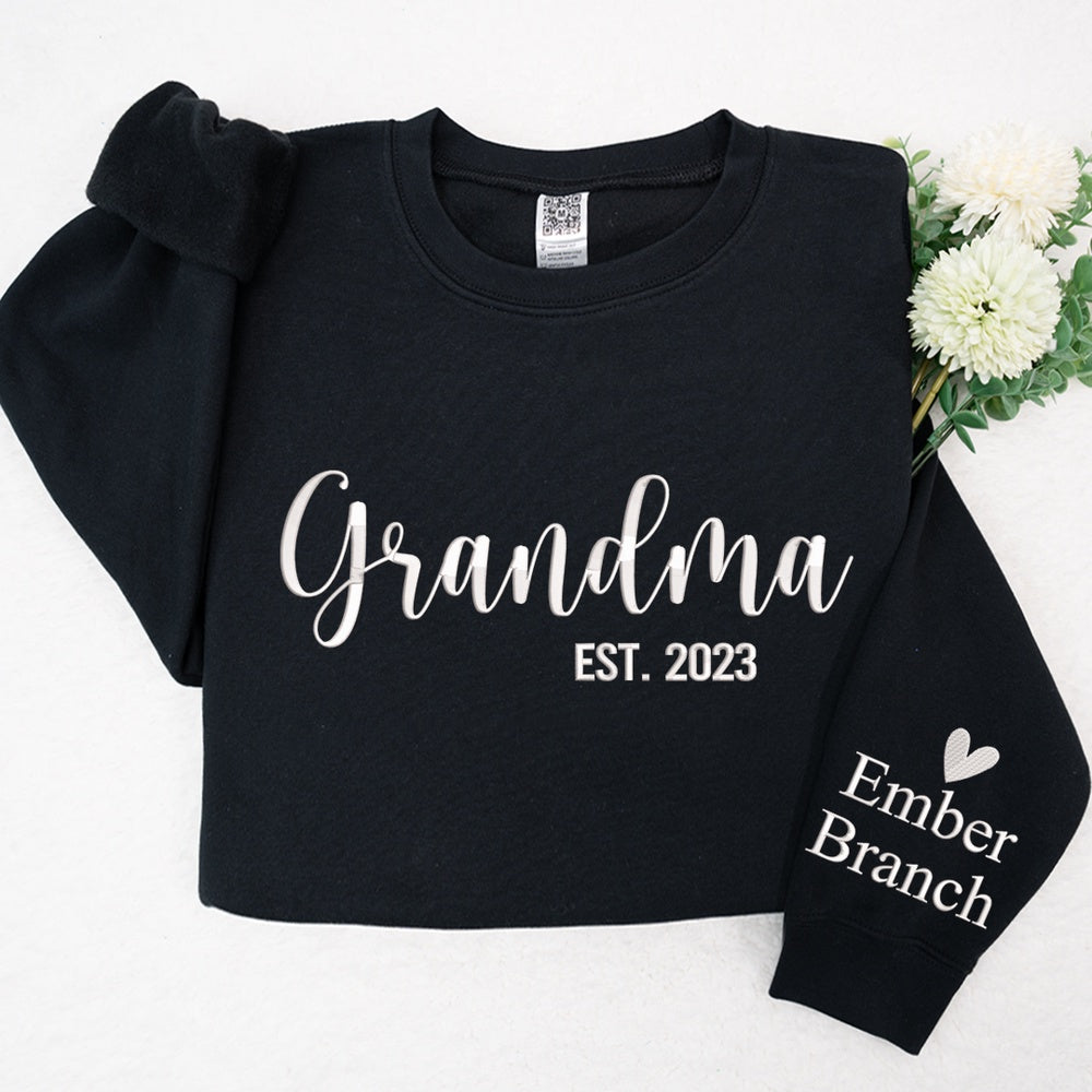 Embroidered Sweatshirt, Custom Embroidered Grandma Est And Grandkids 2024 Sweatshirt