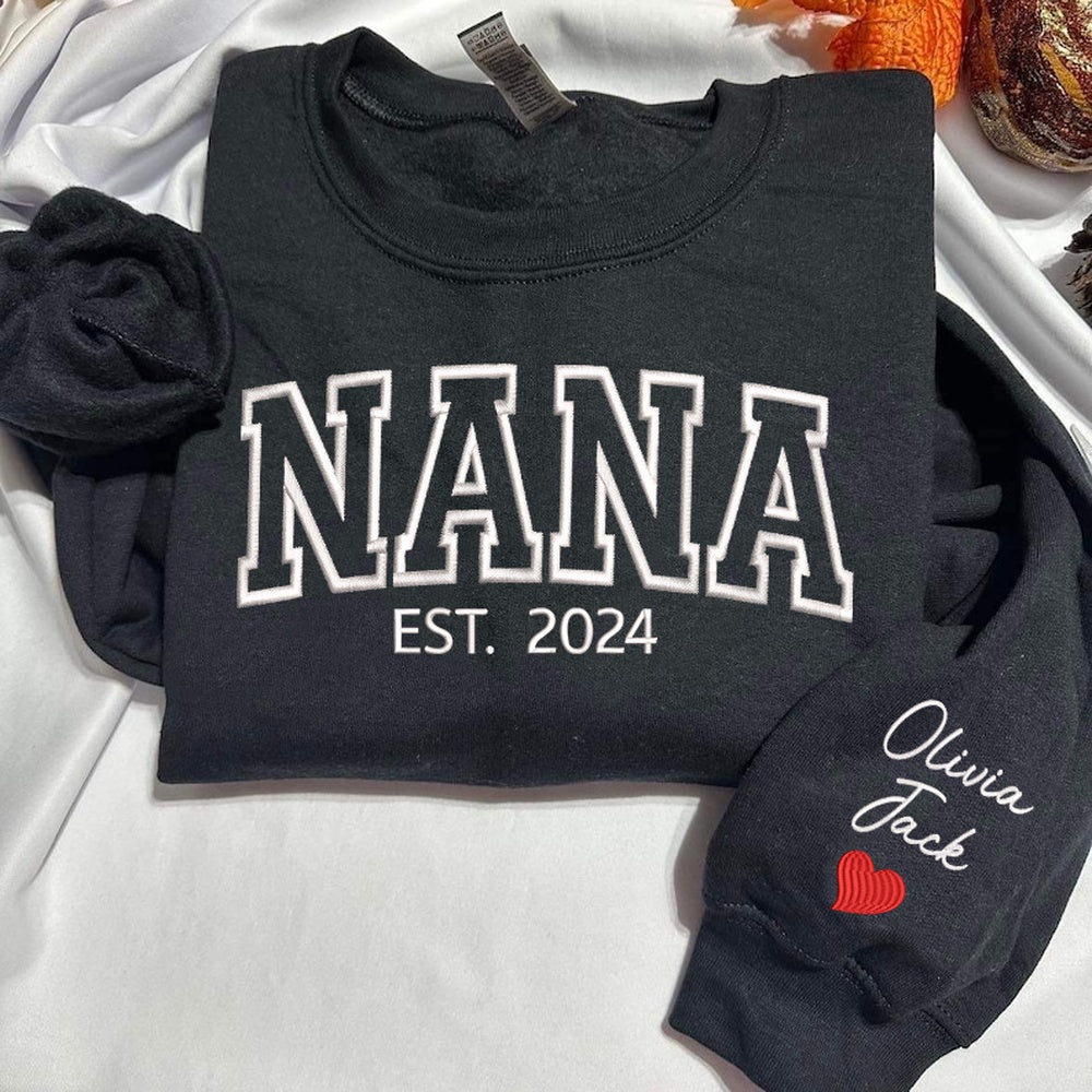 Embroidered Sweatshirt, Custom Embroidered Nana Est And Grandkids 2024 Sweatshirt