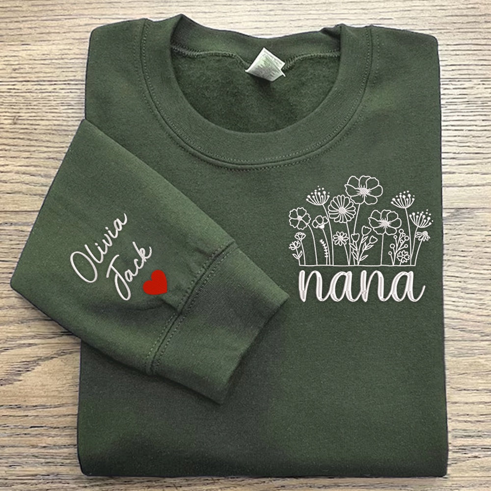 Embroidered Sweatshirt, Custom Embroidered Nana Flower Sweatshirt