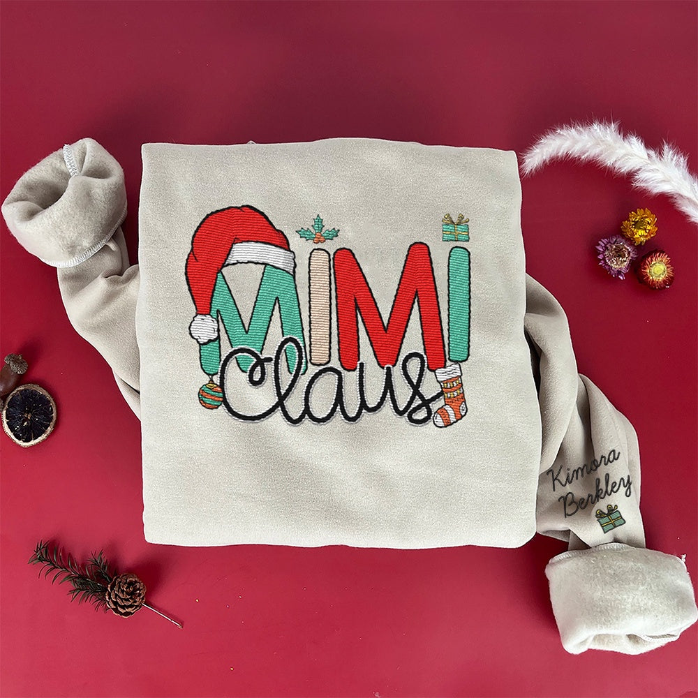 Embroidered Sweatshirt, Custom Mimi Claus Christmas And Kids Embroidered Sweatshirt