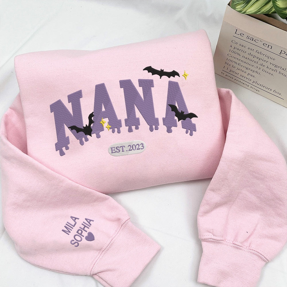 Embroidered Sweatshirt, Custom Nana Bat Halloween And Kids Embroidered Sweatshirt