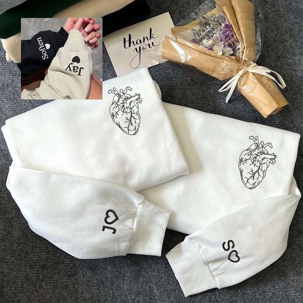 Embroidered Sweatshirt, Embroidered Anatomical Heart Sweatshirt, Custom Initial Heart On Sleeve Hooded Sweatshirts