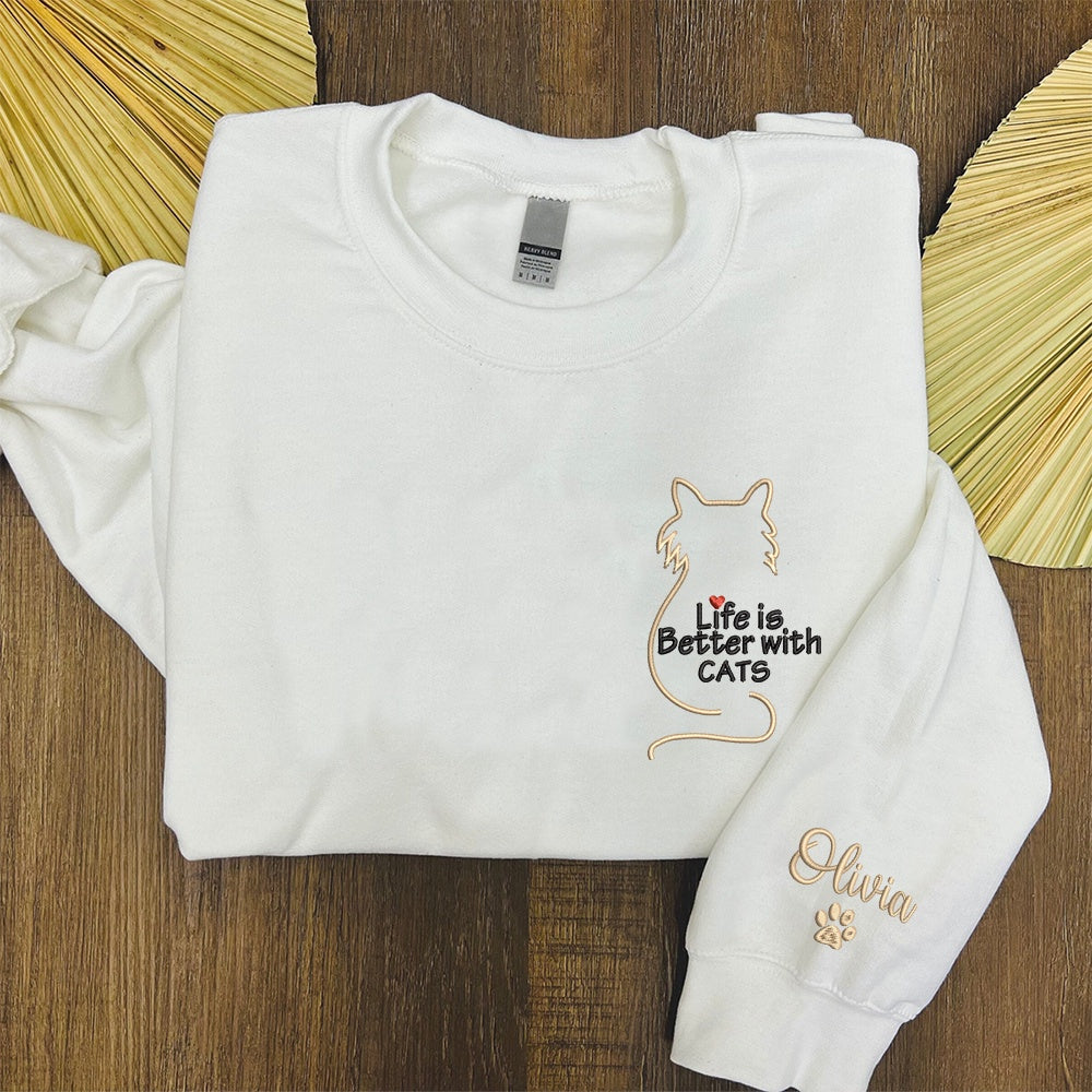 Embroidered Sweatshirt, Embroidered Cat Mom Sweatshirt, Embroidered Cat Mom Sweater, Life Is Better With Cats