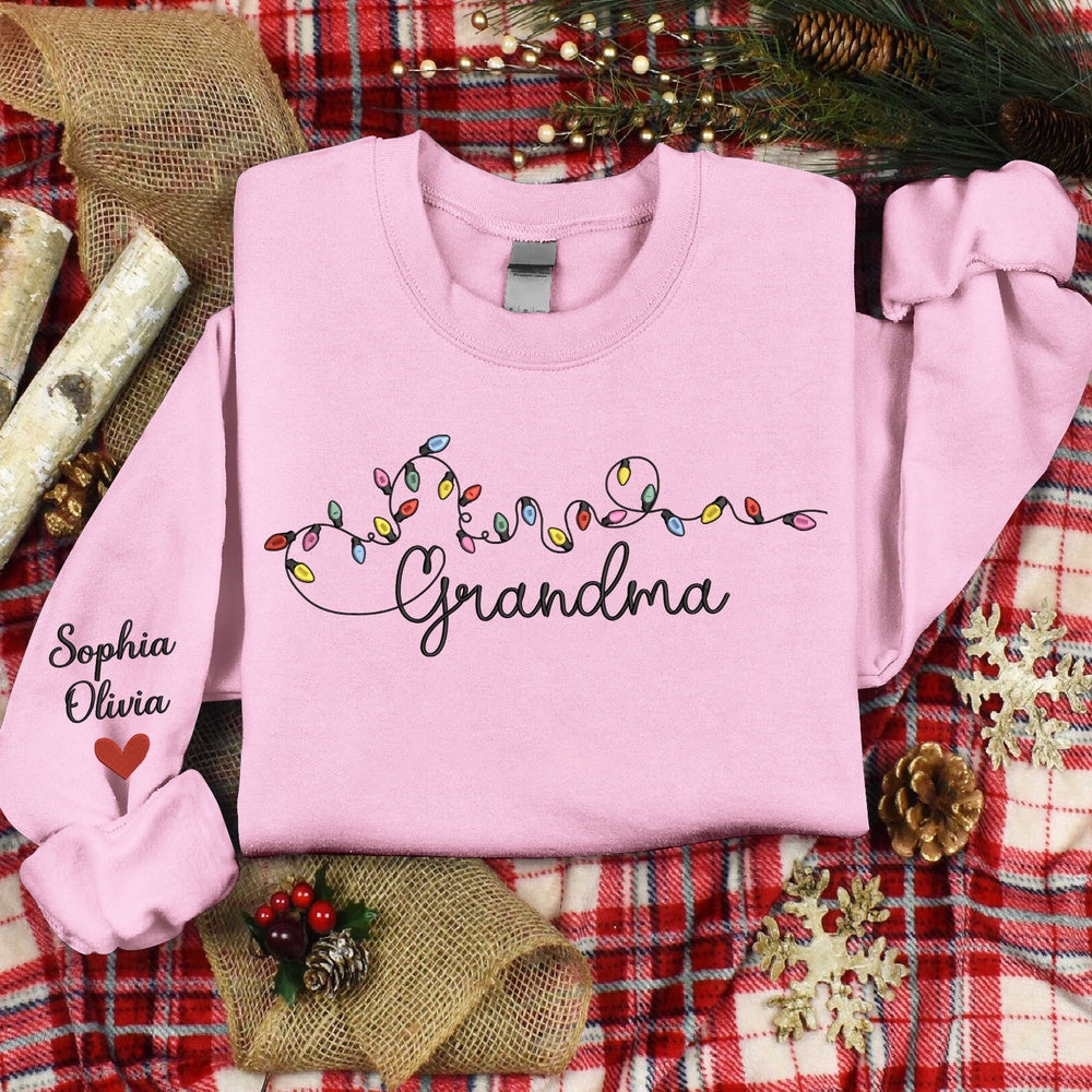 Embroidered Sweatshirt, Embroidered Christmas Lights, Girly Christmas Graphic Tee For Grandma