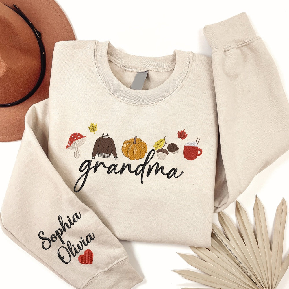 Embroidered Sweatshirt, Embroidered Fall Pumpkin Garden Sweatshirt Gift For Grandma