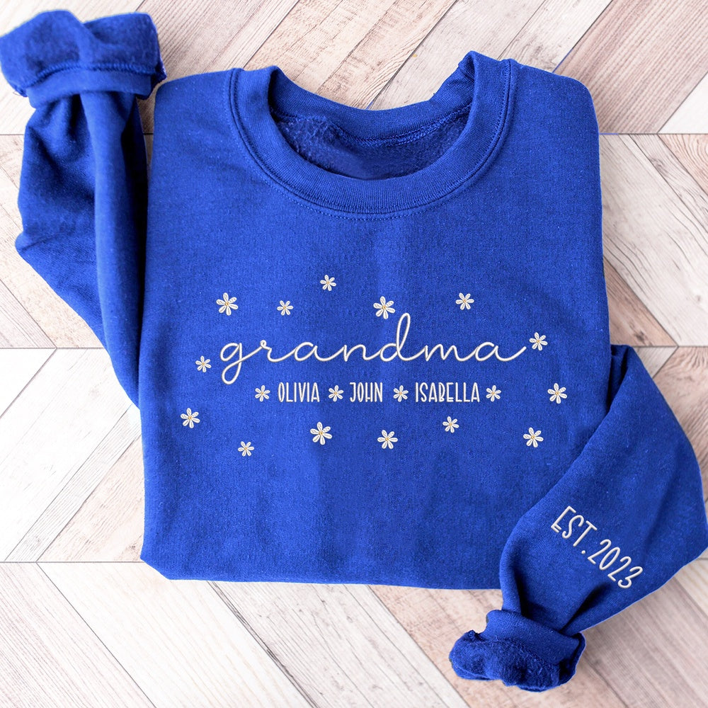 Embroidered Sweatshirt, Embroidered Grandma With Grandkids Est Daisy Sweatshirt