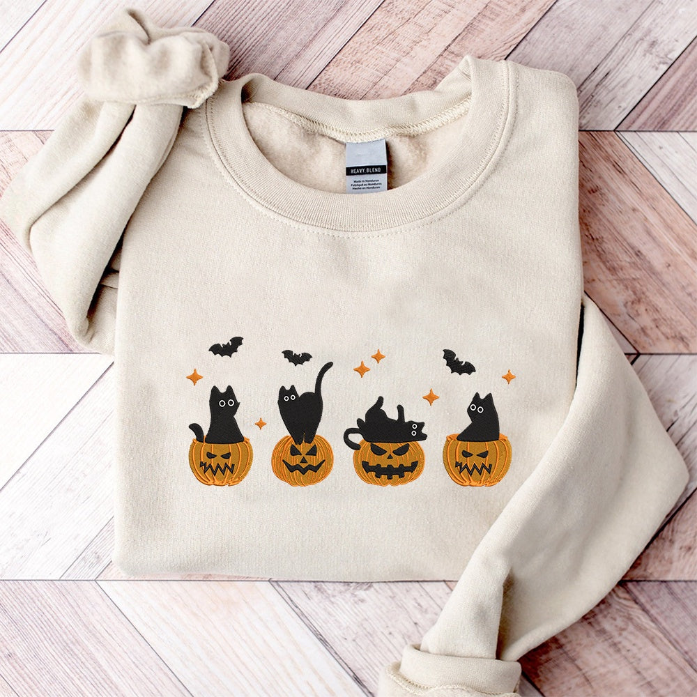 Embroidered Sweatshirt, Embroidered Halloween Black Cat Sweatshirt, Pumpkin Fall Sweater For Women, Halloween Crewneck