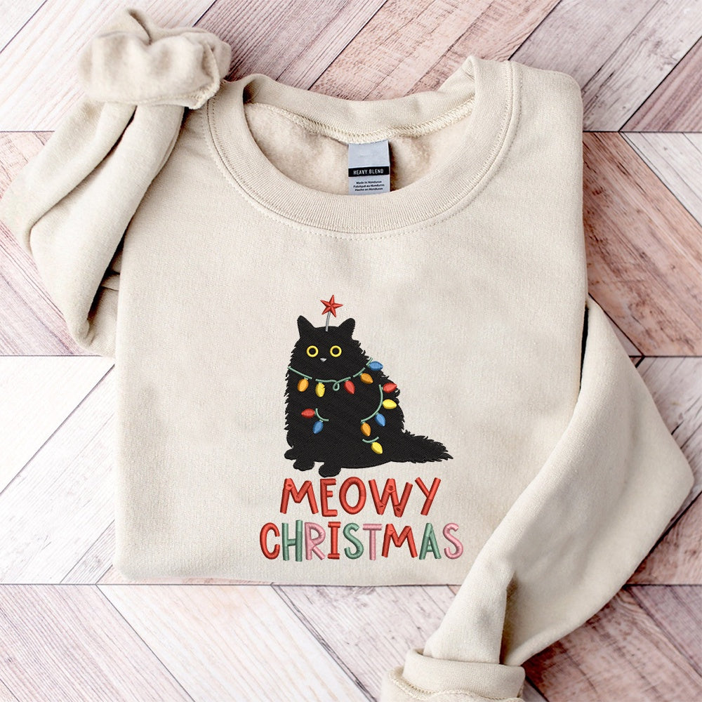 Embroidered Sweatshirt, Embroidered Meowy Christmas Sweatshirt, Cat Christmas Sweatshirt, Cat Lover Xmas Sweatshirt