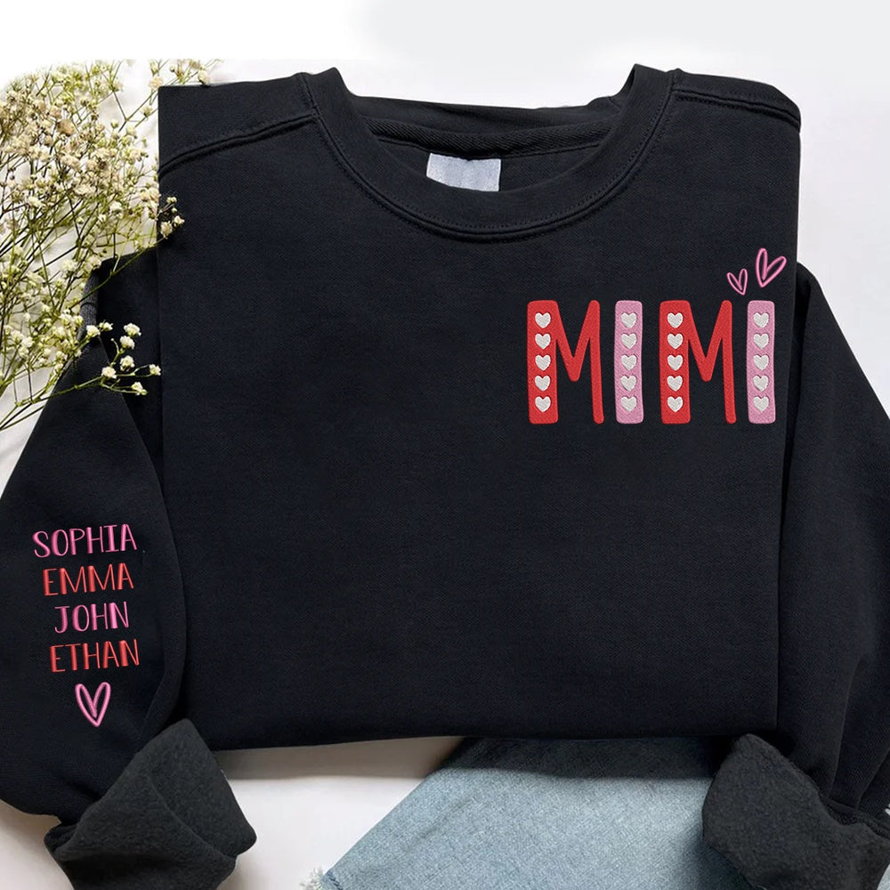 Embroidered Sweatshirt, Embroidered Mimi Heart And Grandkids Valentines Day Sweatshirt