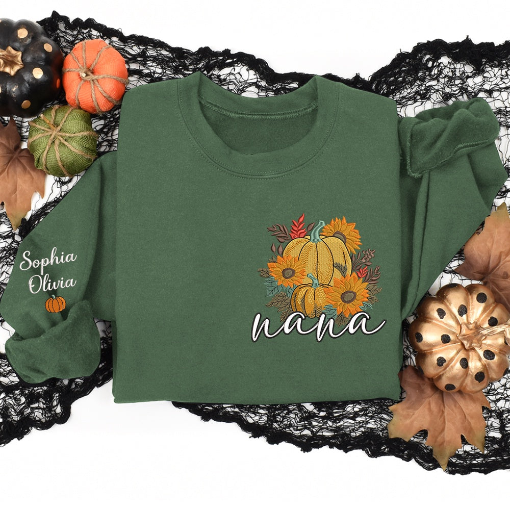 Embroidered Sweatshirt, Embroidered Pumpkin Flower Sweatshirt Grandma