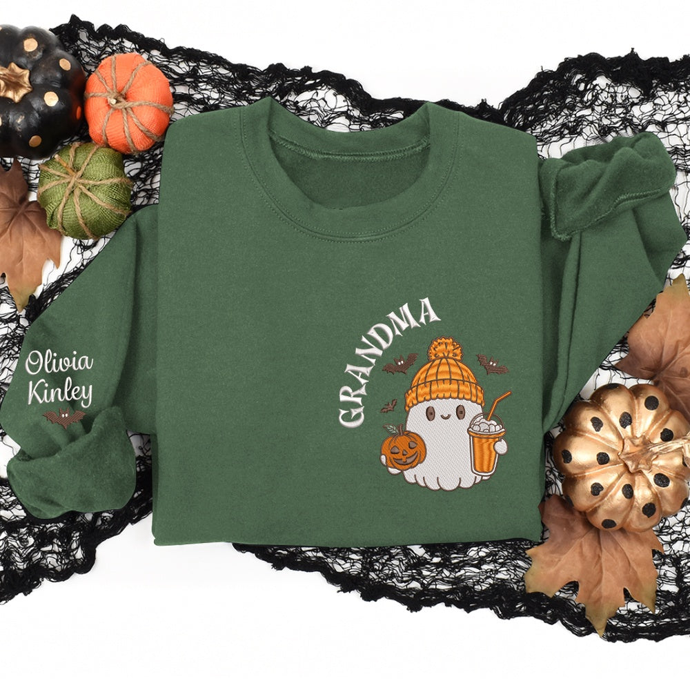 Embroidered Sweatshirt, Ghost With Coffee And Pumpkin Embroidery Design For Give Grandma