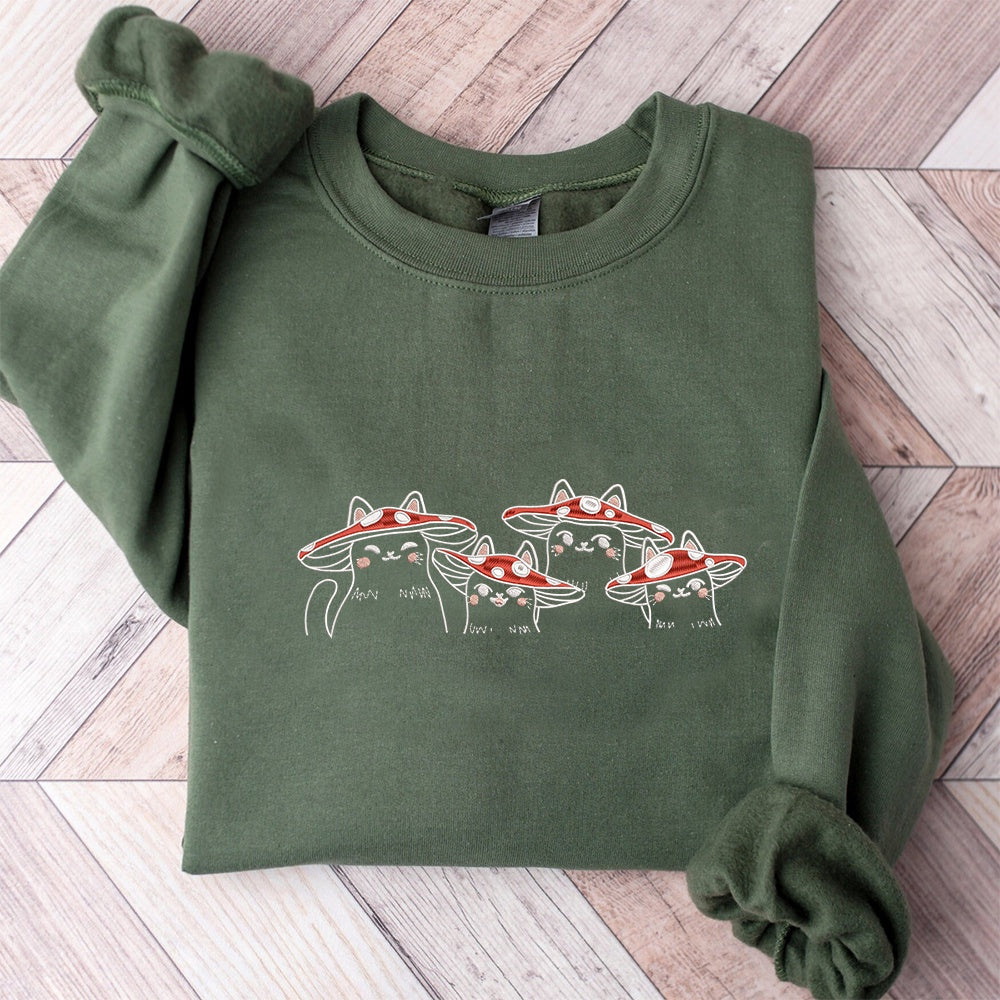 Embroidered Sweatshirt, Little Cats With Mushroom Hats Super Soft Embroidered Pullover Sweatshirt