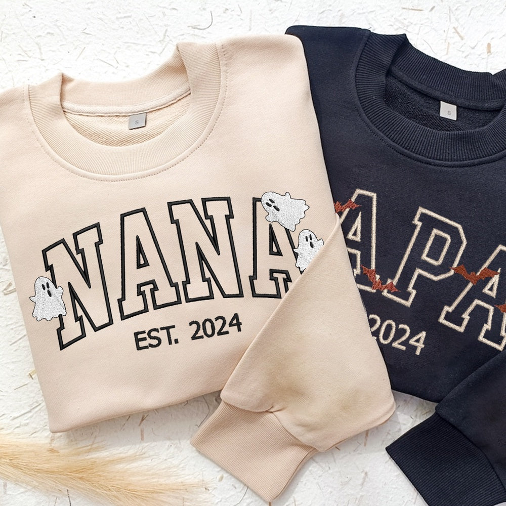 Embroidered Sweatshirt, Nana Est And Grandkids Ghosts Pumkins Autumn Halloween Embroidered