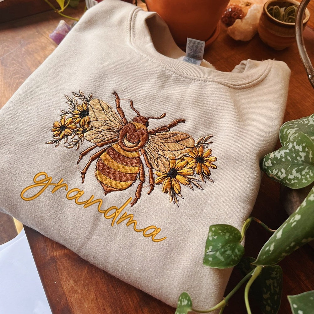 Embroidered Sweatshirt, Tan Floral Bumble Bee Embroidered Crewneck - Unisex Embroidered Pullover