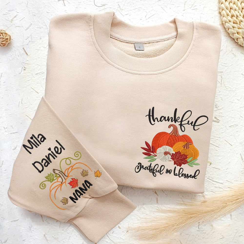 Embroidered Sweatshirt, Thankful Nana And Grandkids Pumpkins Embroidered