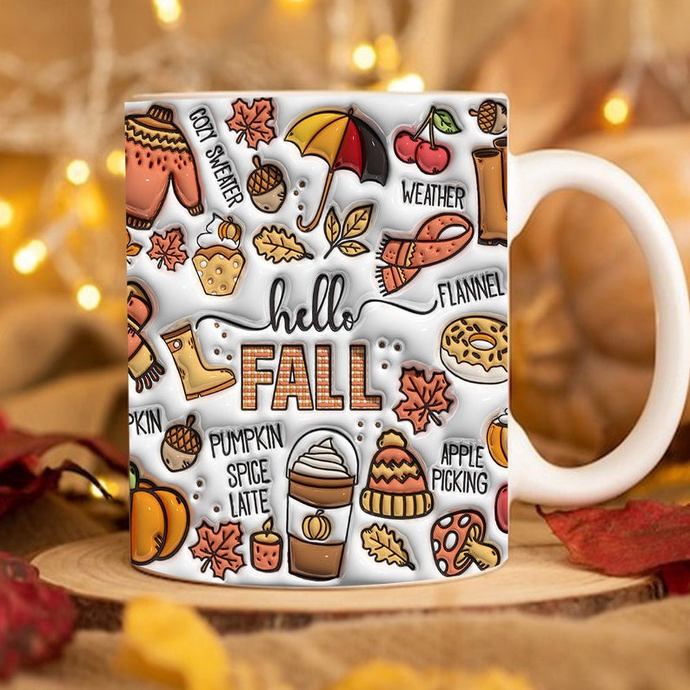 Fall Vibes 3D Mug, 3D Fall Vibes Inflated Mug, 3D Flannels Pumpkins Bonfire Inflated Mug, Pumpkin 3D Inflated Mug, Gift For Thanksgiving