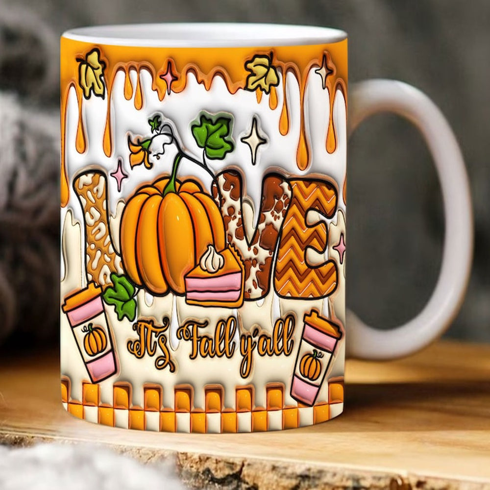 Fall Vibes 3D Mug, 3D Love Fall Y'All Inflated Mug, Pumpkin 3D Inflated Mug, Gift For Thanksgiving