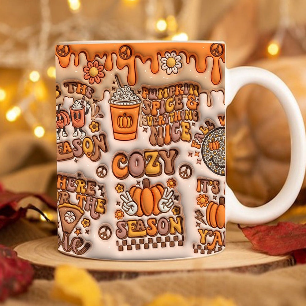 Fall Vibes 3D Mug, 3D Retro Fall Vibes Inflated Mug, Pumpkin 3D Inflated Mug, Gift For Thanksgiving