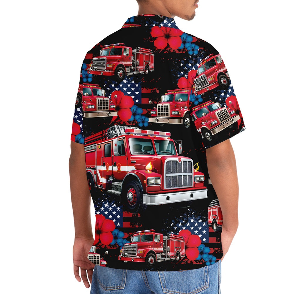 Fire Truck American Hawaiian Shirt, Funny Hawaiian Shirt, Usa Hawaiian Shirt, Vintage Hawaiian Shirts