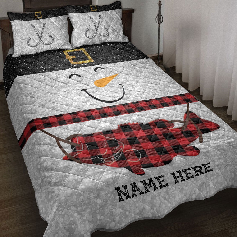 Fishing Quilt Set, Funny Snowman Bringmas Fishing Glitter Red Buffalo Plaid Quilt Blanket
