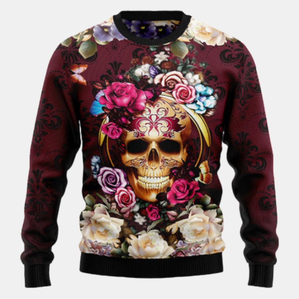 Flower Skull Ugly Sweater - Christmas sweater gift