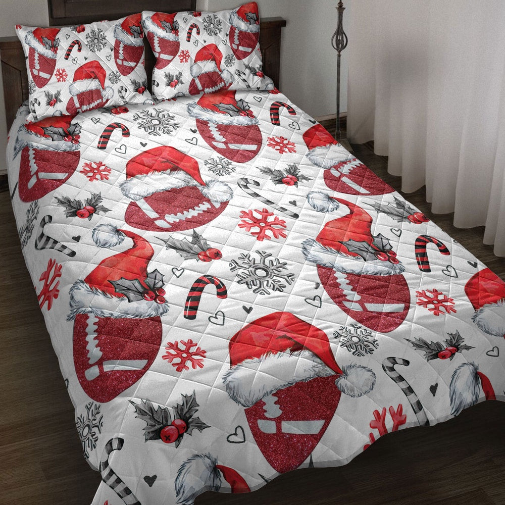 Football Quilt Set, Footballmas Hat With Snowflake Candy Quilt Blanket